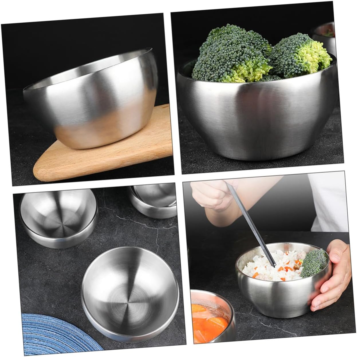 Cabilock 4Pcs Double Layer Stainless Steel Rice Bowls Insulated Soup Bowls for Instant Noodles Space Saving Design for Home Restaurant Use