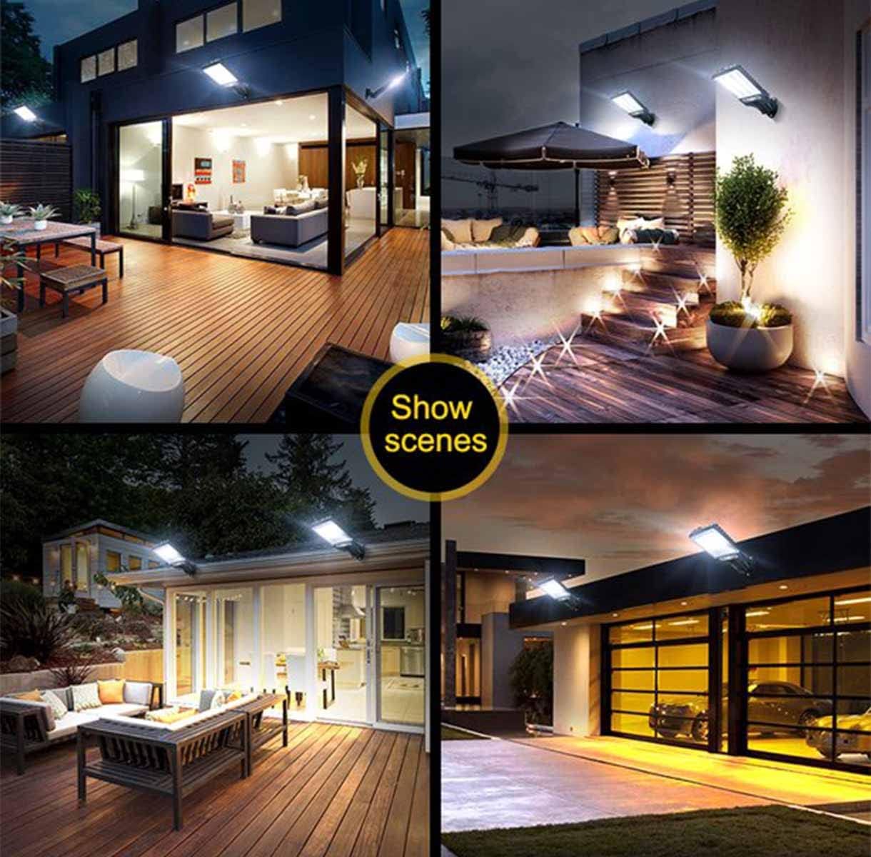Collage of solar lights installed in various outdoor settings