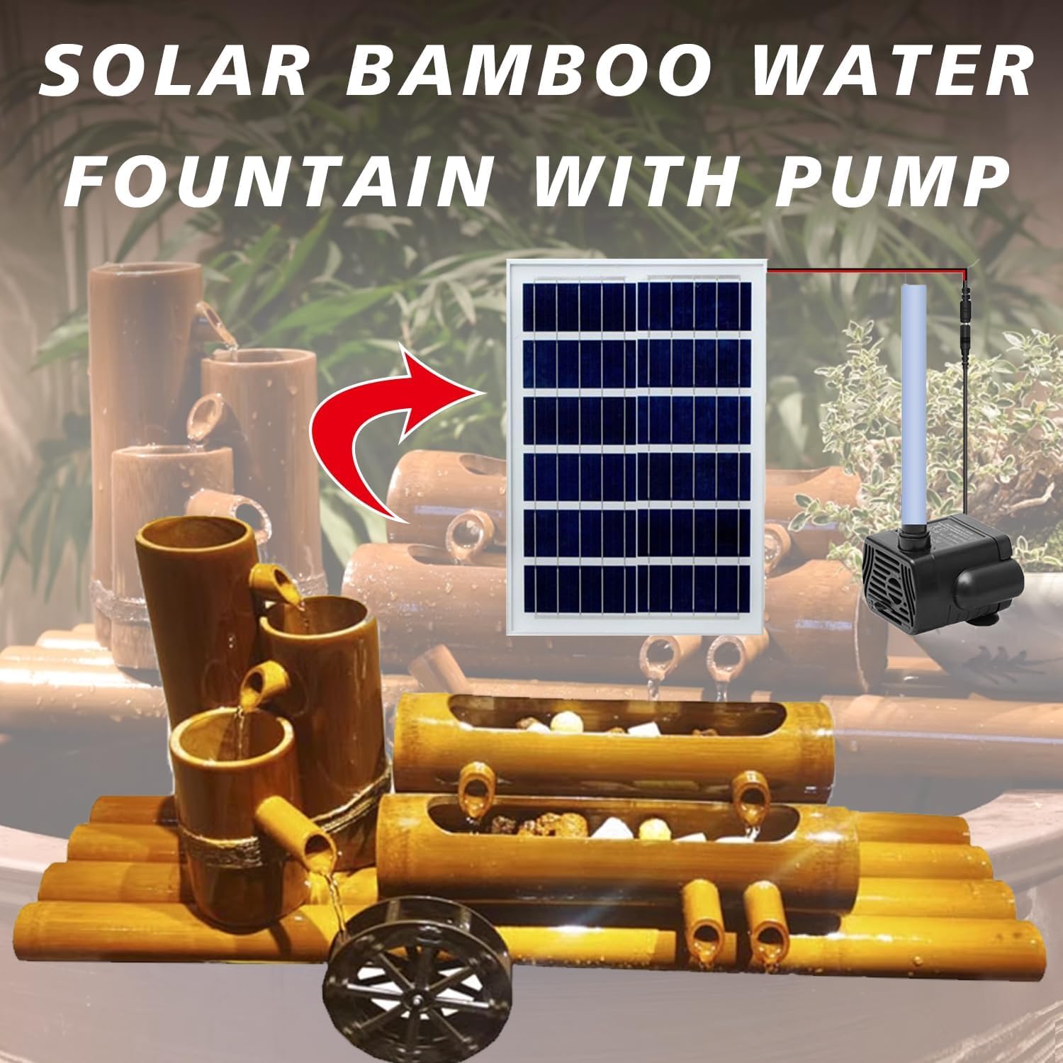 Zestaw fontanny solarnej z pompką i filtrem wody – 40 cm bambusowa funkcja ogrodowa do dekoracji trawnika, podwórka i domu