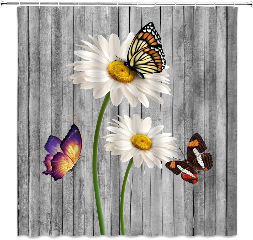 Rustic Daisy Shower Curtain Farmhouse White Daisy Flower Butterfly Vintage Gray Wooden Barn Door Farm Spring Flower Nature Botanical Retro Countryside Bathroom Decor Fabric Curtain with Hooks
