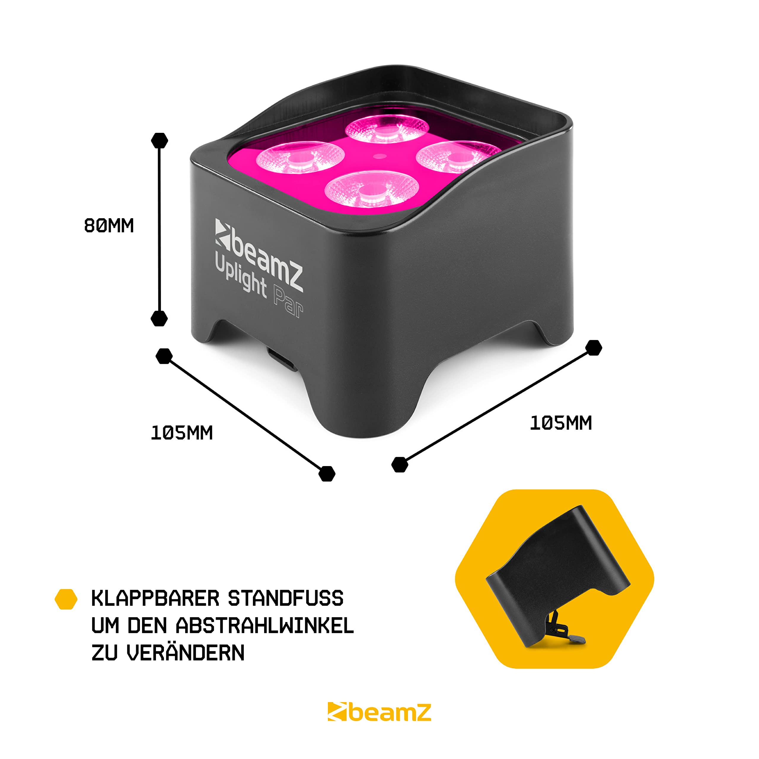 BeamZ BBP90 LED Uplight LED Par Strahler, 20h Akku, 4er Set mit Tasche, 4 x 4 Watt, Bühnenbeleuchtung Set für DJ Pult, Bühnenlicht, DMX-LAN, Partylicht Musikgesteuert, Bühnenequipment, Fernbedienung