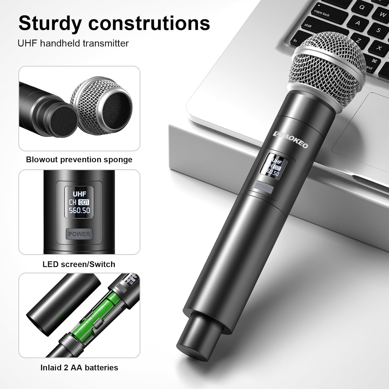 Detallada view of the Aokeo handheld microphone showing the metal mesh head, blowout prevention sponge, LED screen, power switch, and battery compartment for 2 AA batteries.