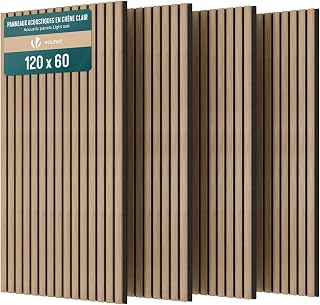 VOUNOT® 4er Set Akustikpaneele 120 × 60 × 2,1 cm, Akustik Wandpaneele in Holzoptik, 3D Lamellenwand als Wandverkleidung innen, Schallschutzplatten für Wohnzimmer, Schlafzimmer und Bür, Helle Eiche
