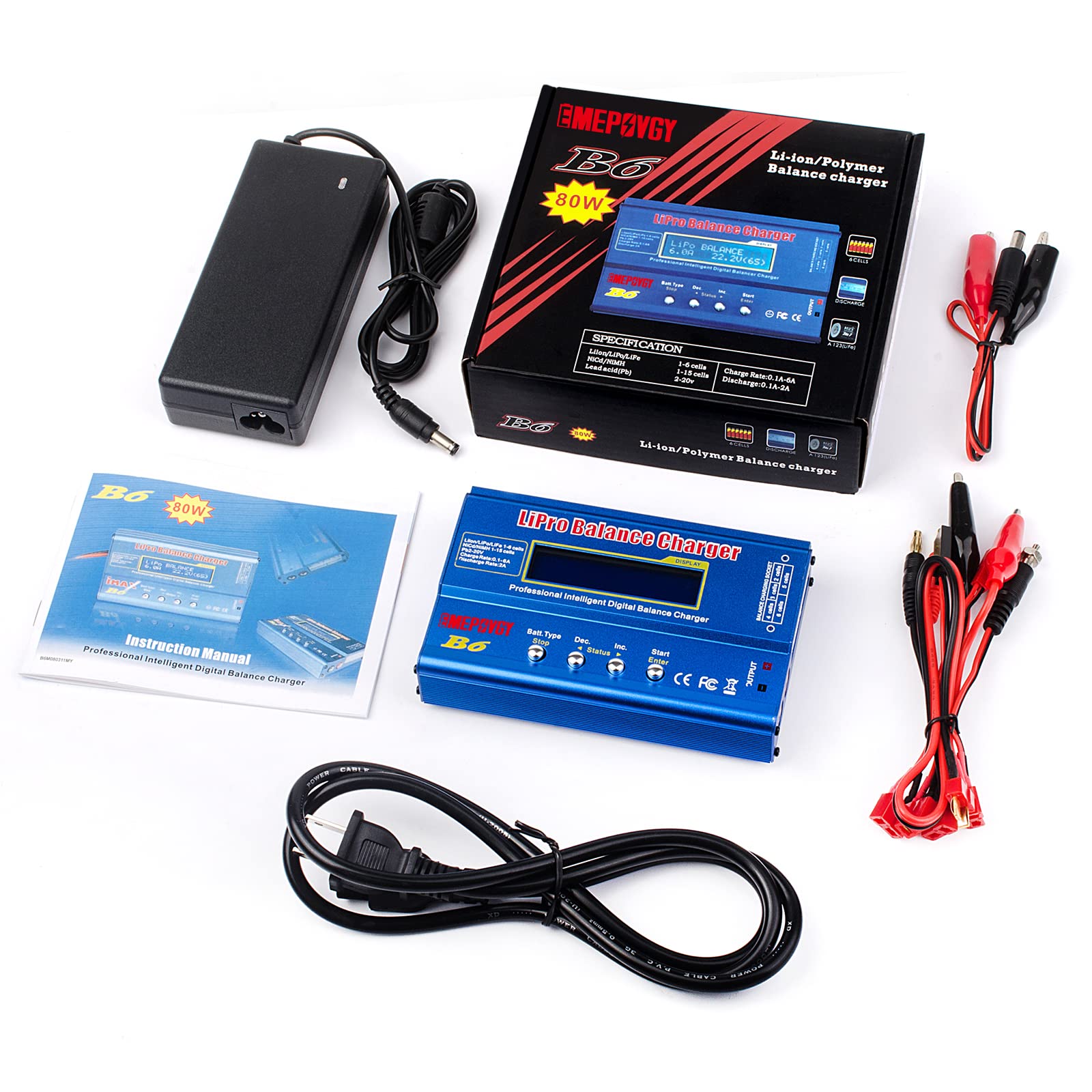 B6 Balance Lipo Cargador de batería 80W 6A Pantalla LCD Cargadores de batería RC Descargador para batería LiPo/Li-Ion/Life (1-6S) NiMH/NiCd (1-15S) / PB(2-20V) con fuente de alimentación AC