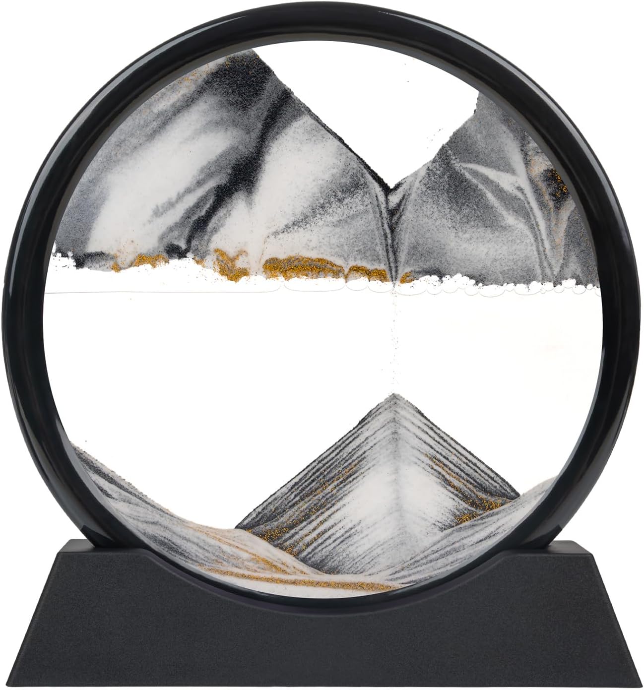 Black Moving Sand Art Decor - 3D Deep Sea Sandscape, Round Glass Desk Decor with Liquid Motion, Relaxing Desktop & Home Decoration-10 Inch