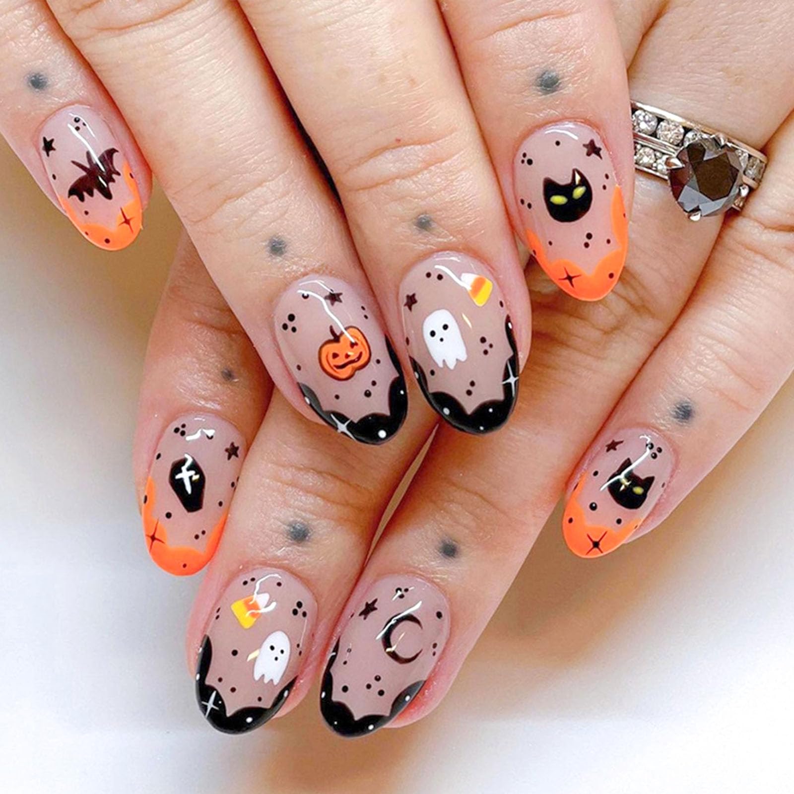 Halloween Press on Nails Short Oval Fake Nails Orange and Black French Tip Glue on Nails Bat Pumpkin Monster Ghost Design False Nails Glossy