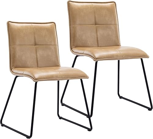 Duhome - Juego de 2 sillas de comedor de piel sintética con respaldo medio con base de trineo de metal para sala de estar, cocina, color camello Duhome - Juego de 2 sillas de comedor de piel sintética con respaldo medio con base de trineo de metal para sala de estar, cocina, color camello