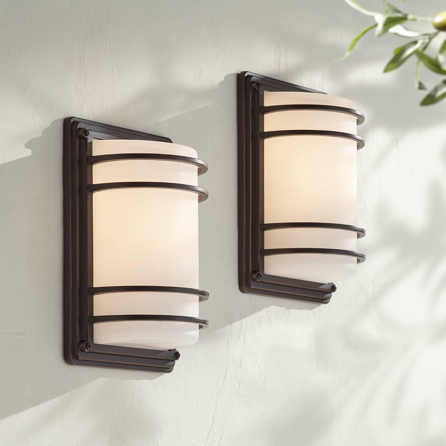 John Timberland Habitat Modern Industrial Outdoor Wall Light Fixtures Set of 2 Oil Rubbed Bronze 11" LED Opal Glass Shade Exterior House Porch Patio Outside Deck Garage Yard Front Door Garden