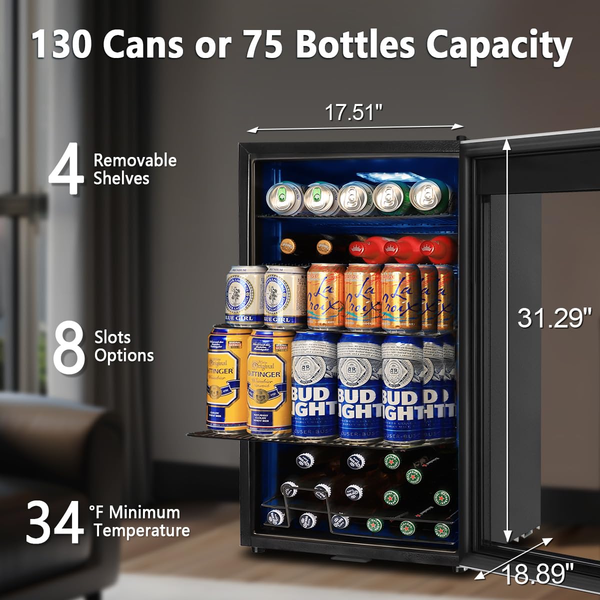 Tylza Beverage Refrigerator Cooler, 130 Cans 3.22 Cu.Ft Small Refrigerator With Low-E Glass Door, Lock, 17-Inch Beer Fridge For Drinks, Beer And Wine, Mini Fridge For Bedroom, Office And Bar, Silver on Fridge.com - View 6