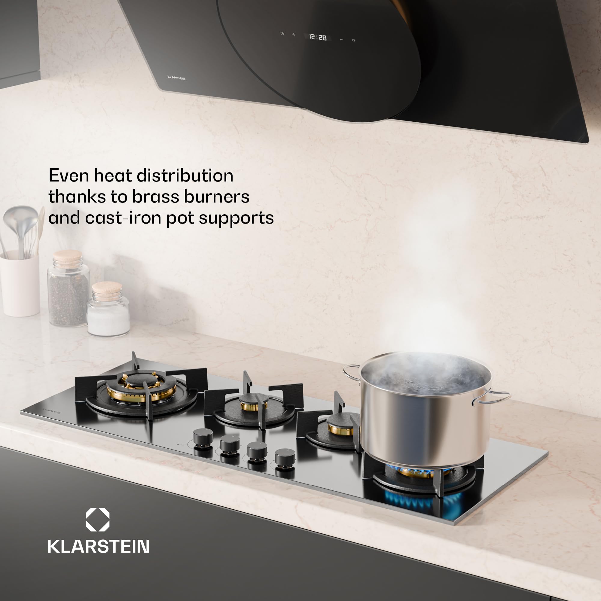 Klarstein Goldflame 4 Slim Płyta gazowa, 4 palniki mosiężne, 3,4kW, 2,4kW, 1,8kW, 1kW, Zapłon SnapJet, Zabezpieczenie przeciwwypływowe, Kuchenka z żeliwnymi krzyżakami, Stal, W zestawie wąż i reduktor