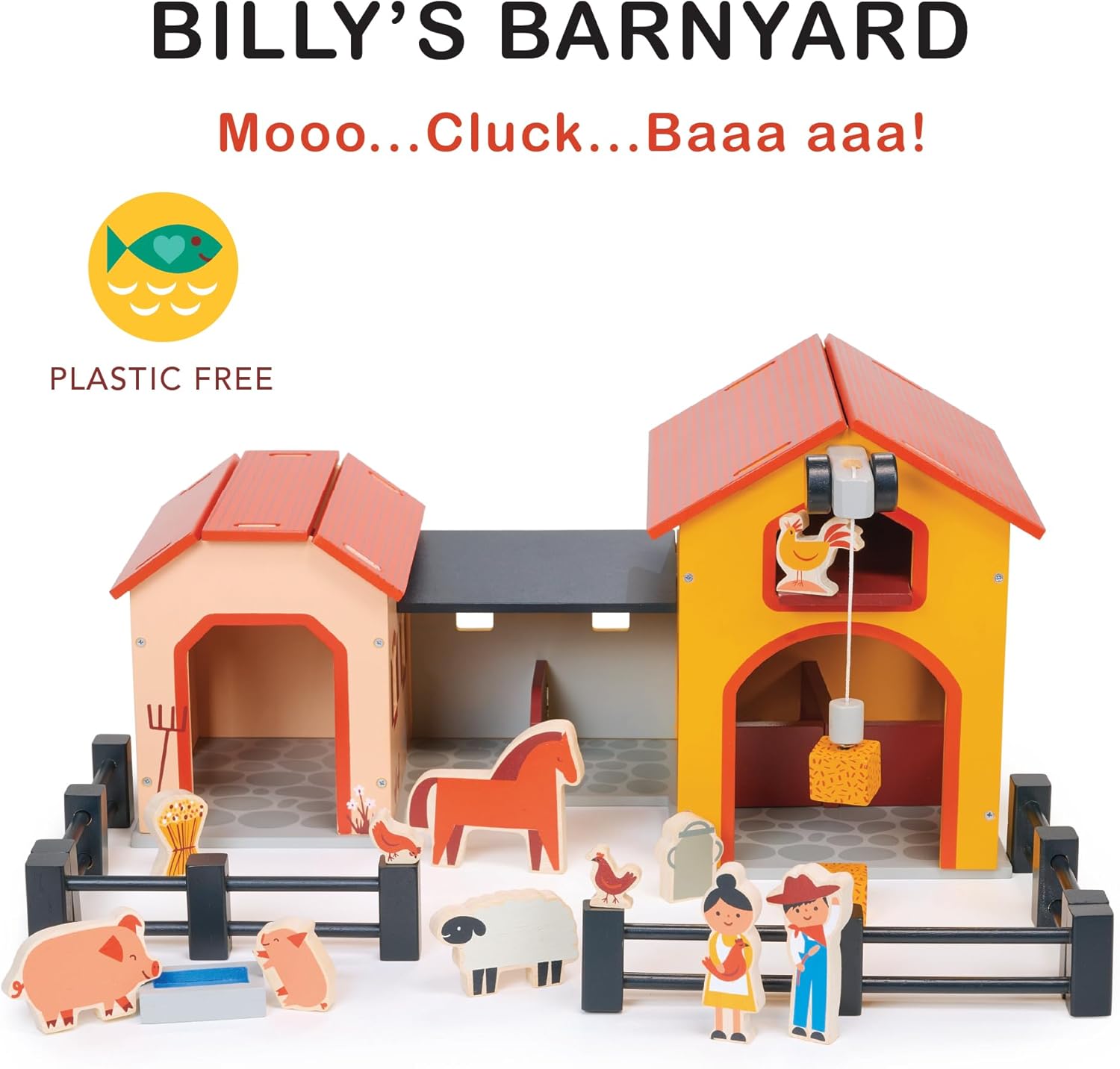 Mentari Toys - Billy’s Barnyard - Wooden Barn and Stable with Working Pulley, Animals, Farmer Figures and Accessories - Encourages Imaginative Play and Motor Skills - Age 3+