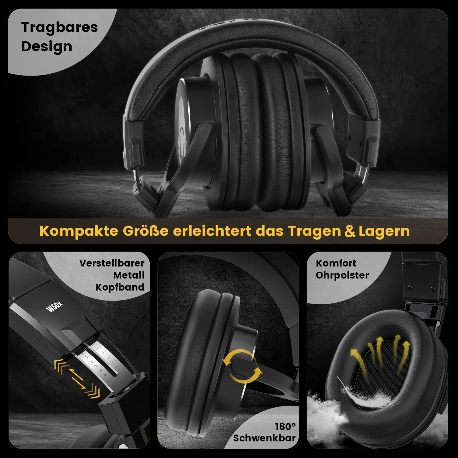 talomen W50X Over Ear Kopfhörer mit Kabel,HiFi Stereo Kopfhörer mit 50 mm Lautsprecher,Musik Kopfhörer mit 3m langem Kabel,3.5mm Klinke,6.35mm Adapter,für Studio,Podcast,Monitor, Handy,PC