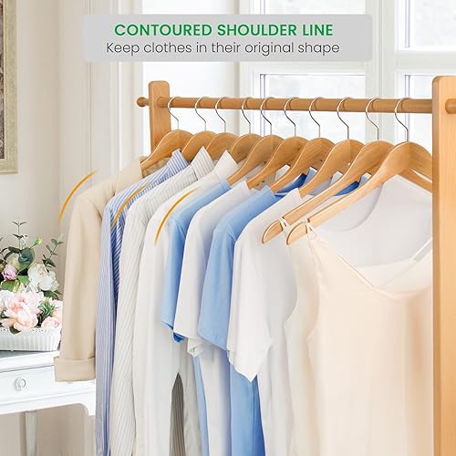 Miniatura 5 de Nature Smile Perchas de madera maciza Gugertree para camisas y vestidos con muescas con gancho cromado antioxidante, paquete de 10 (natural)