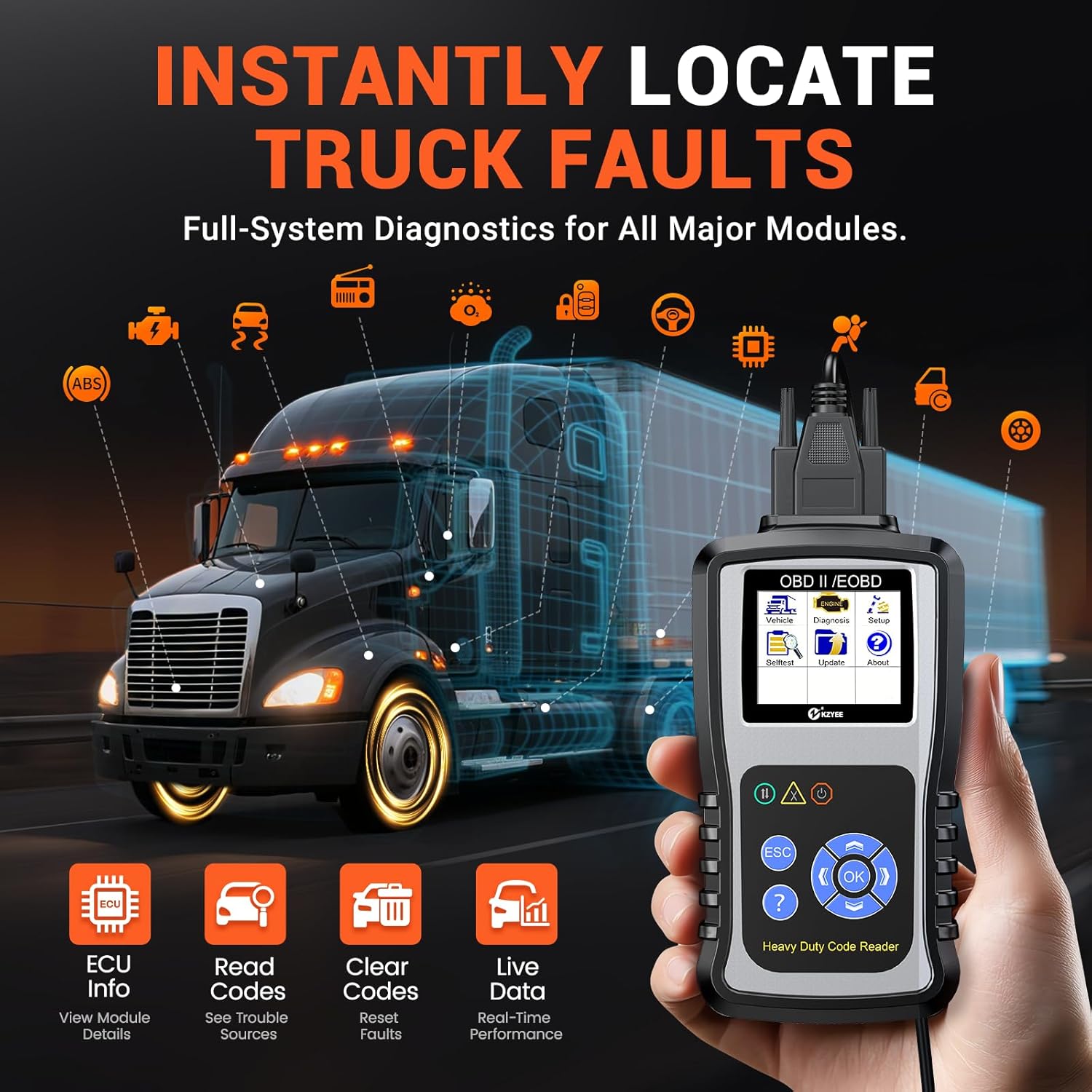KZYEE KC601 Heavy Duty Diesel Truck Scanner – Full-System Diagnostic Tool fits for Cummins, CAT, Freightliner, International, Mack & More – Read ECU Data, Clear DTCs, View Live Data