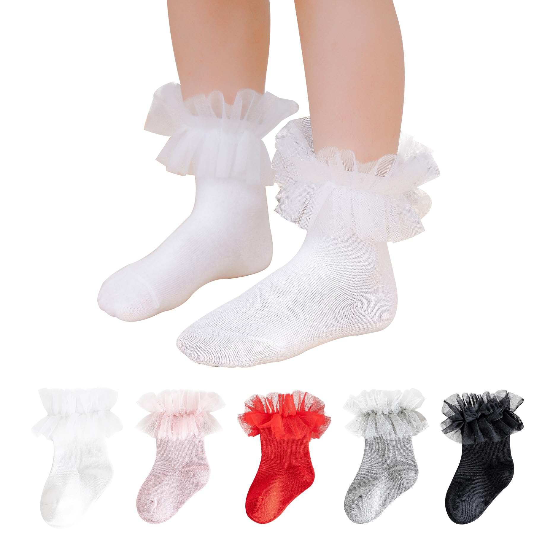 HOUSEYUAN Calcetines de vestir para niñas pequeñas, con volantes, de algodón, de punto, con volantes, color blanco