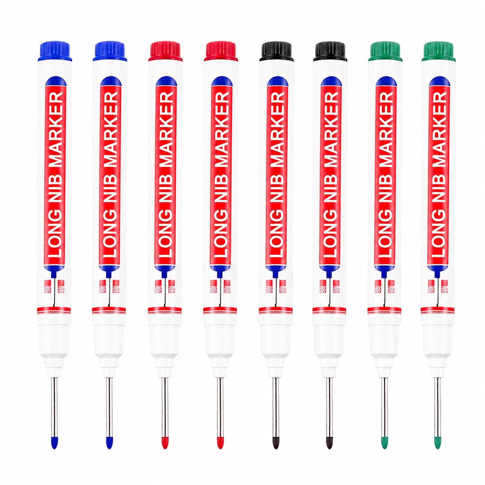 Mistillion 8 Pack Long Head Deep Hole Marker Pens, 20mm Extra Fine Tip Waterproof Permanent Markers, 4 Colours for Hard-to-Reach Areas Metal Wood Glass Carpentry Industrial Use