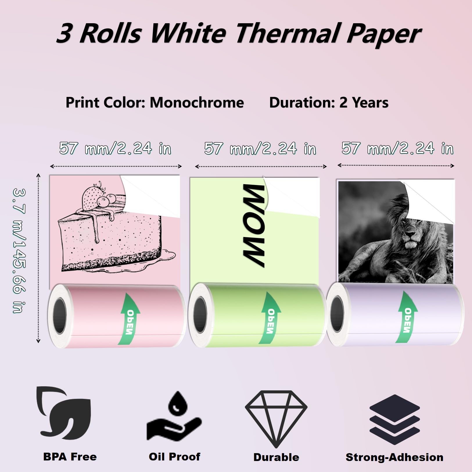DOLEWA Carta adesiva termica adesiva rosa / verde / viola da 53 mm, 3 rotoli, mini carta termica per stampante, compatibile con Dolewa LX-D2, per appunti, elenchi, adesivi, stampa di foto in bianco e