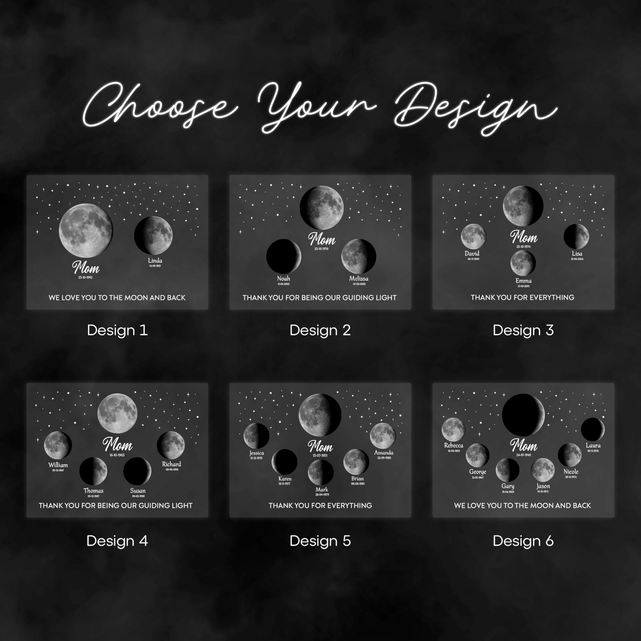 Personalized Moon Phase Night Light for Mom – Custom Birth Moon Lamp with Names & Dates, Real Lunar Phase from Birthday, LED Acrylic Photo Frame Gift for Mother’s Day