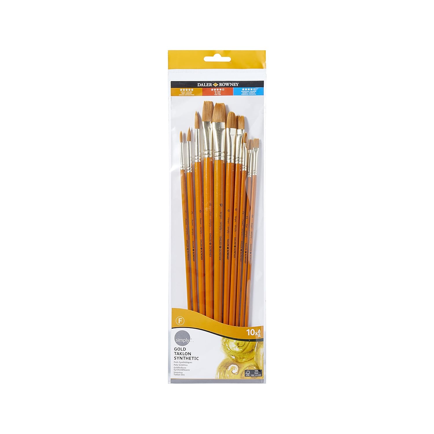 DalerRowney Simply Acrylic Brush Set, 10 x Assorted Gold Taklon