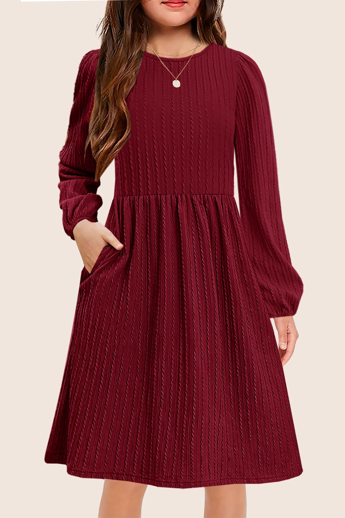 YOVION Mädchen-Strickkleid, Rundhalsausschnitt, lange Ärmel, einfarbig, A-Linie, Herbstkleid, Freizeitkleider mit Taschen, für 6–12 Jahre
