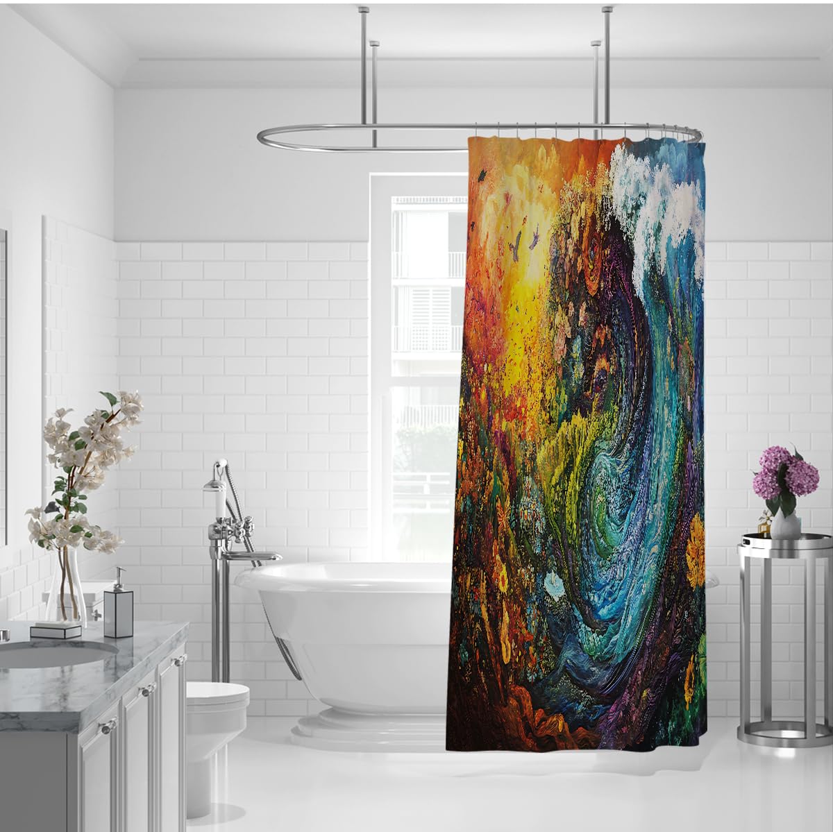 Rideau de Douche Vague d'Océan Tempête en Mer Abstraite Peinture Huile, Paysage Nature Marin Tourbillon Imperméable Séchage Rapide Polyester W200xL200 cm