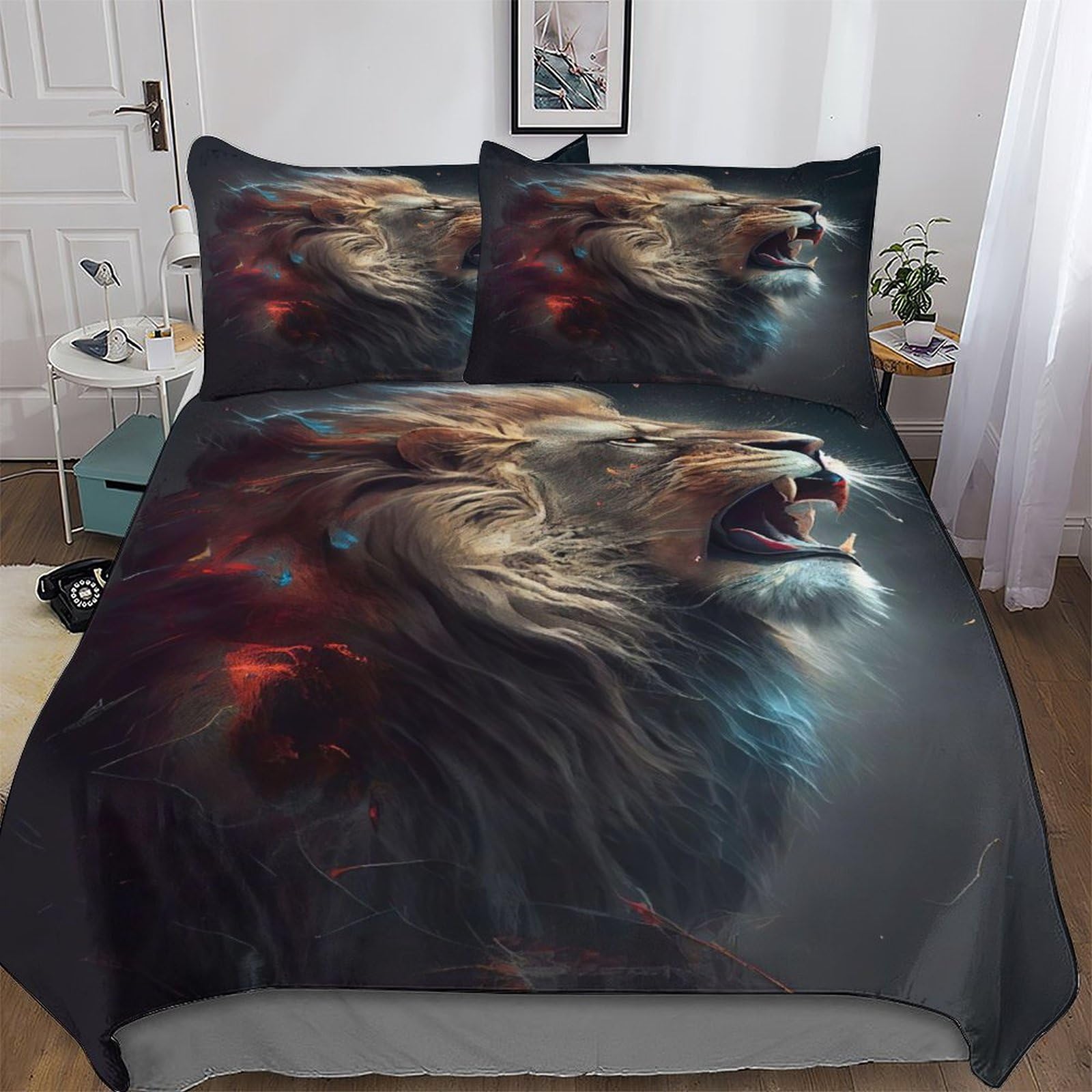 Housse de couette lion 3D parure de lit microfibre lit double zippée