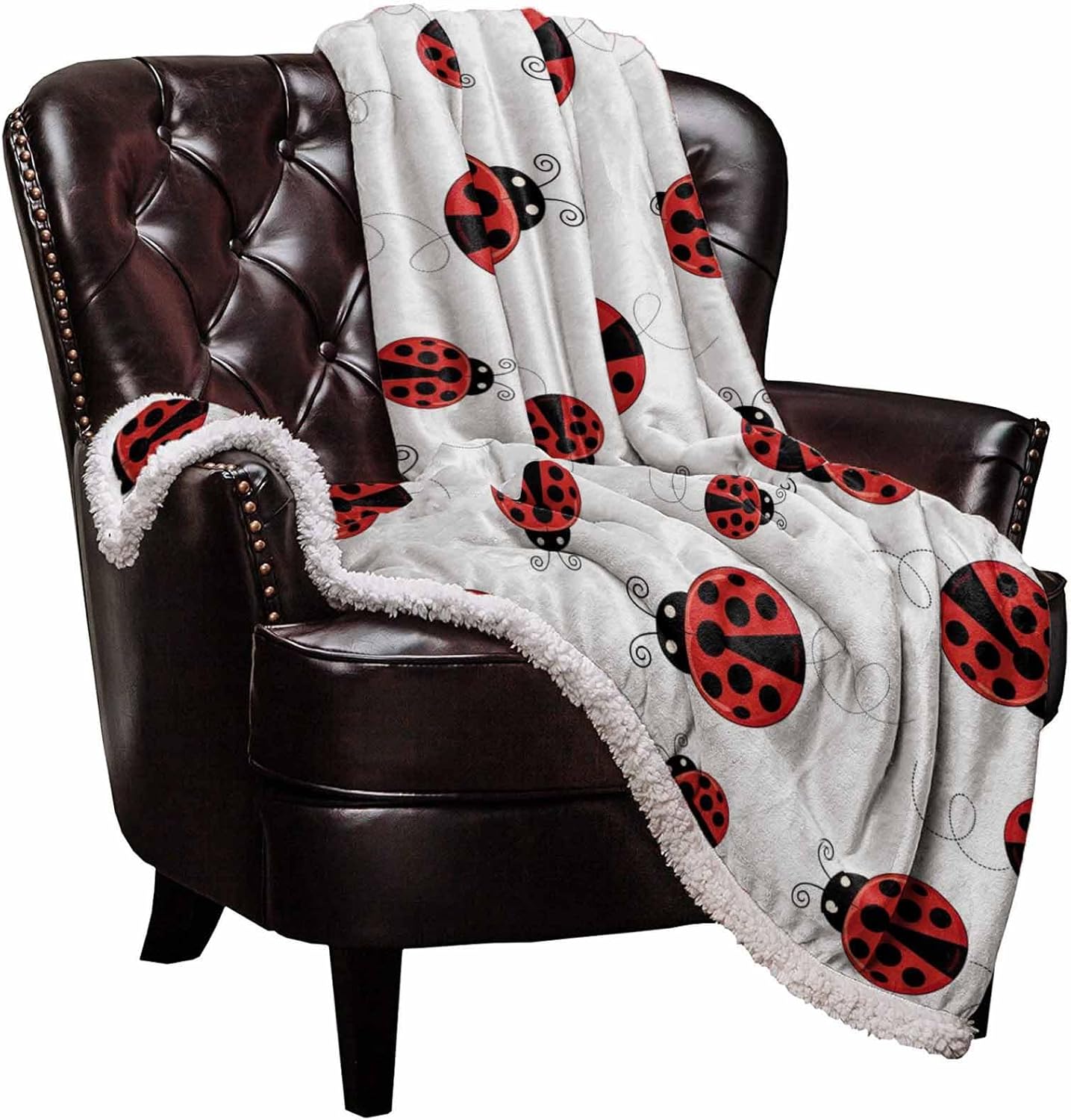 Ladybug Sherpa Fleece Luxury Blanket - Warm & Cozy Super Soft Reversible Throw, 40"x50", Red Ladybug on White Background