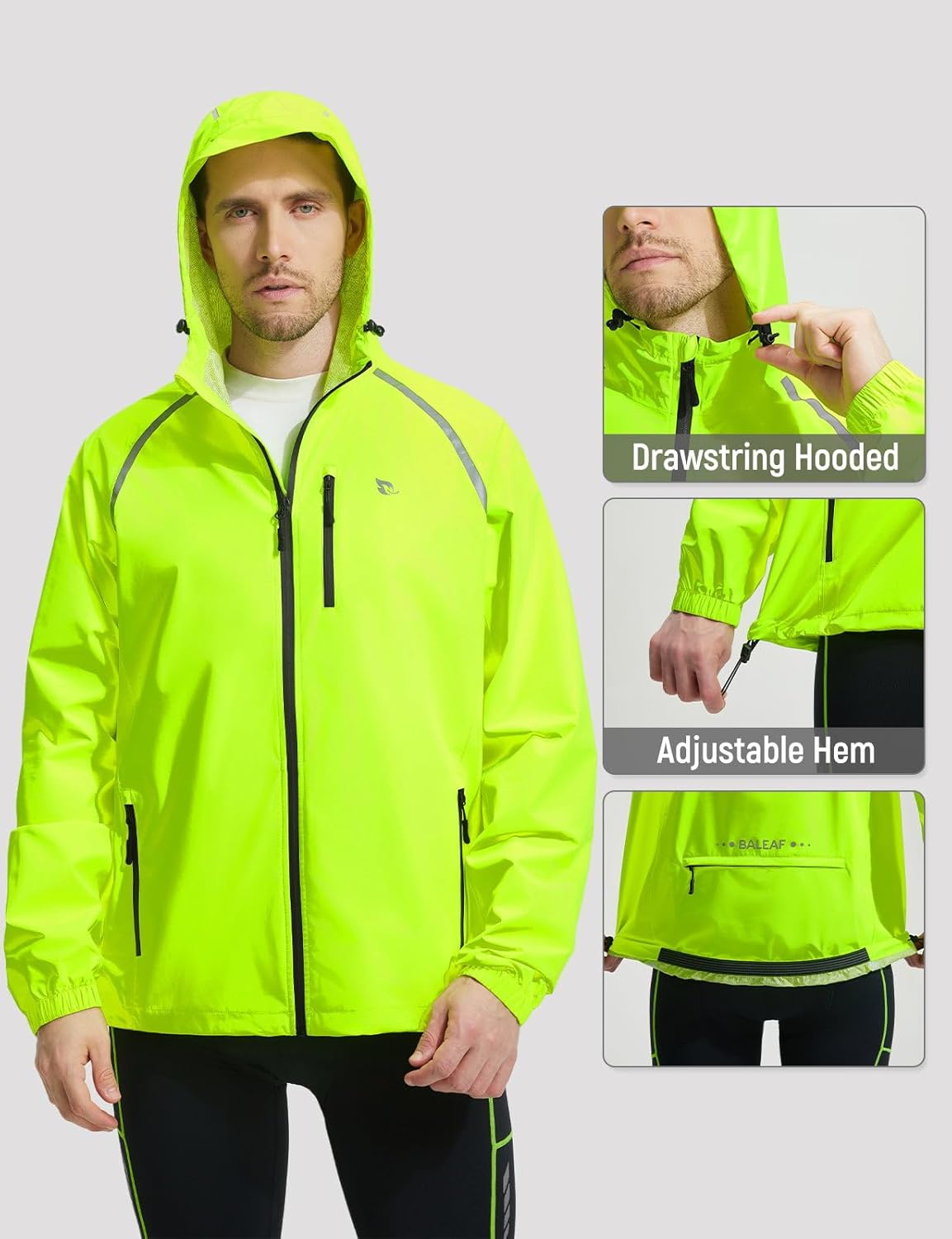 baleaf Men's Rain Jacket Waterproof Windbreaker Raincoat Running Cycling Hiking Gear Hood Lightweight Reflective Packable - Image 5