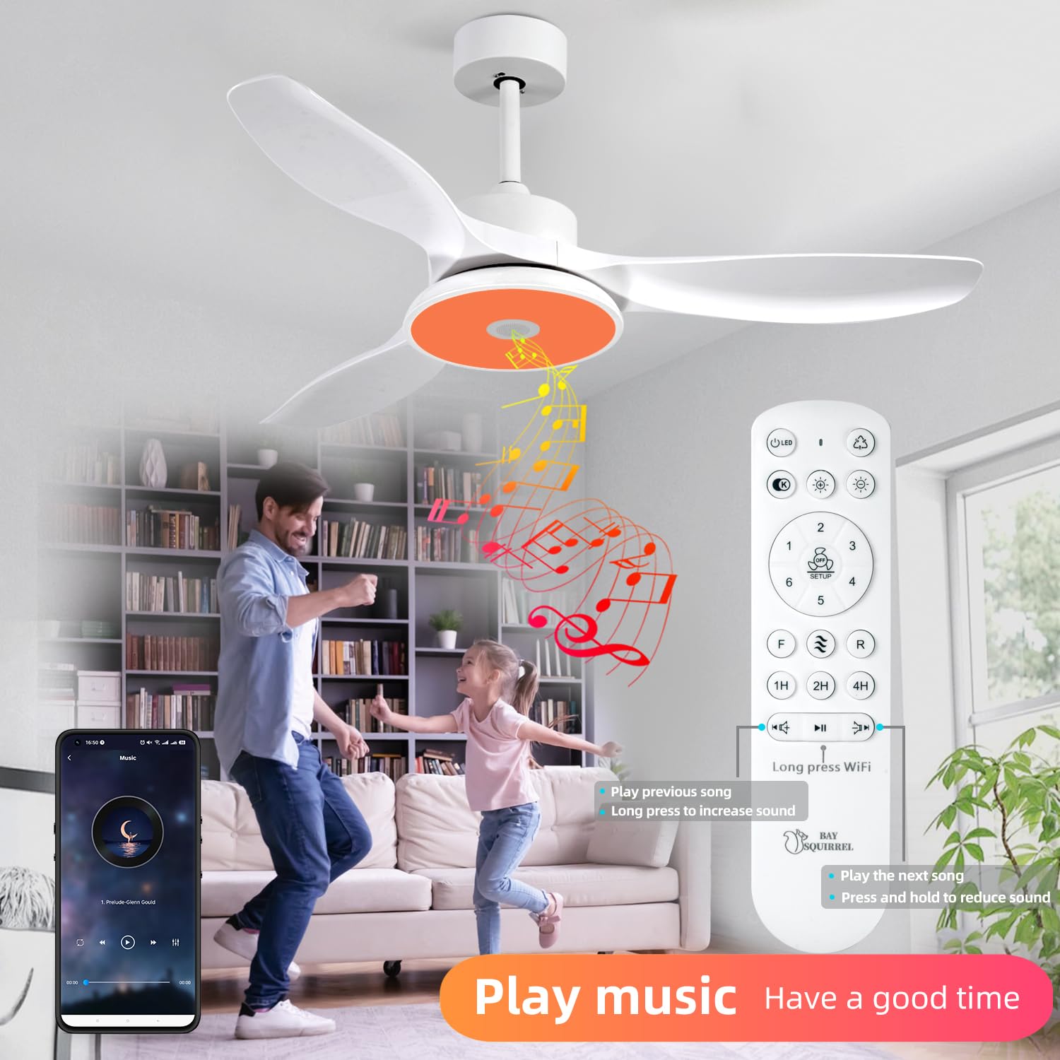 Dfiacn RGB Ventilador De Techo Con Luz Con Mando A Distancia APP, Niño Dormitorio Ceiling Fan With Light Reversible Seis Velocidades Regulable Lampara Ventilador Memoria Silencioso Timing Blanco