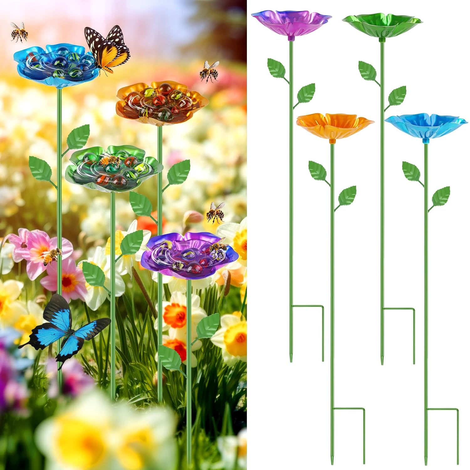 4 Pack Bee Watering Station, Metal Bee Feeder with Glass Marbles, Flower Shape Bee Butterfly Watering Station Bee Waterer Bee Water Catcher Cups for Outdoor Garden Courtyard Decor - Amazon