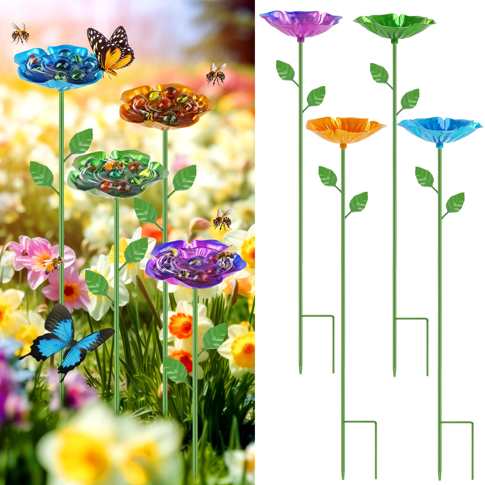 4 Pack Bee Watering Station, Metal Bee Feeder with Glass Marbles, Flower Shape Bee Butterfly Watering Station Bee Waterer for Outdoor Garden Courtyard