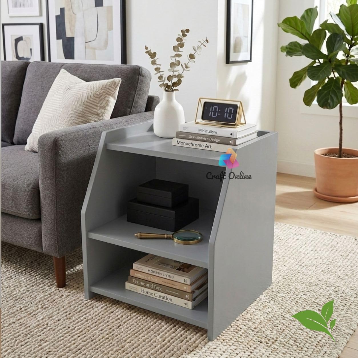 Wooden Bedside Table, Black, Modern Style, 2 Open Shelves, Multipurpose Side Table for Bedroom and Living Room. (Grey)-image-37