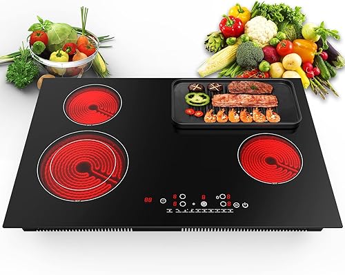 Estufa eléctrica de 30 pulgadas, estufa eléctrica radiante incorporada, 4 quemadores, placa de cerámica de 6800 W, 9 niveles de calefacción de