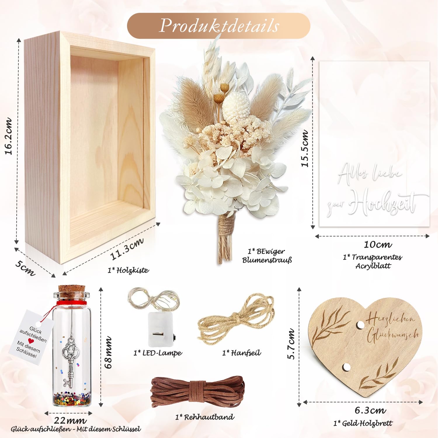 Huwelijkscadeaus voor bruidsparen, geldgeschenken voor de bruiloft, liefdesromantisch cadeau voor haar, inclusief eeuwige bloemen, houten doos, kunststof reageerbuis, lichtslingers
