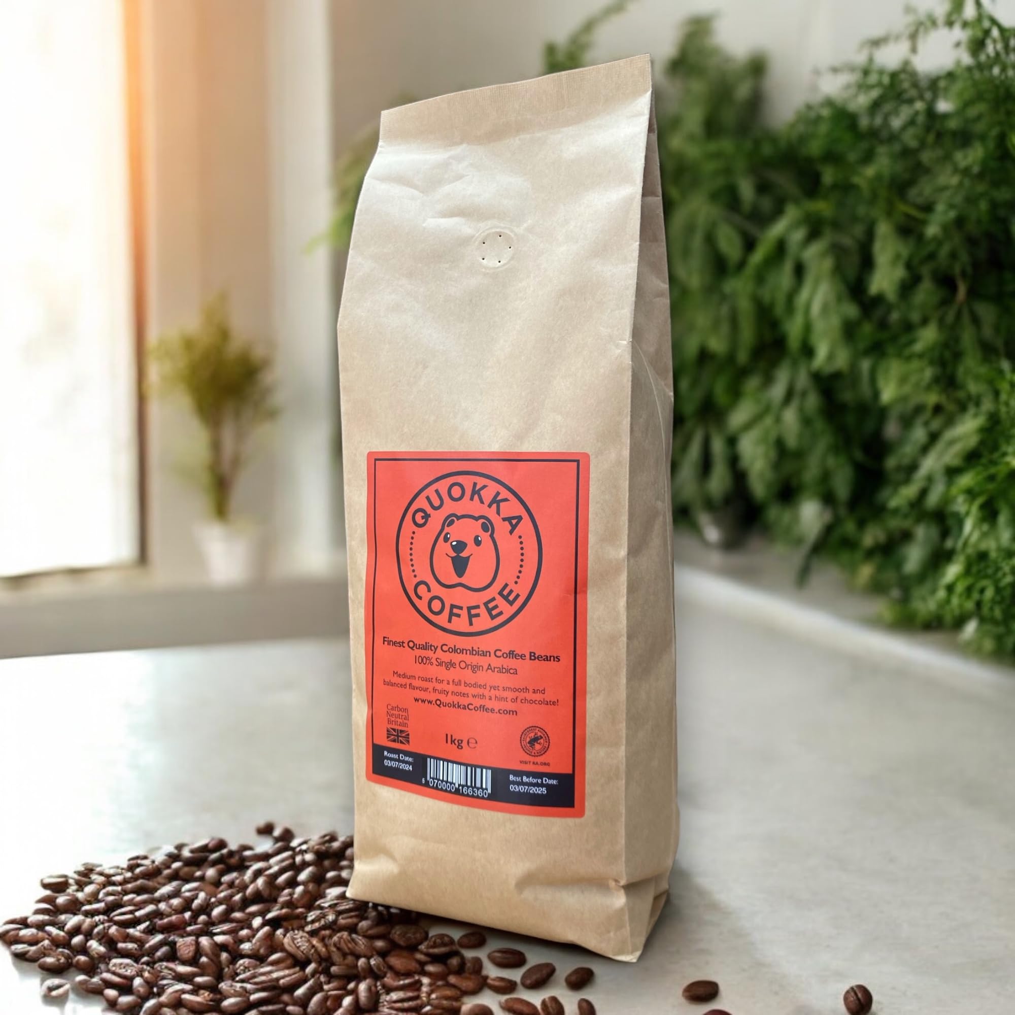 Quokka Coffee Café en grano entero 300 g/1 kg, 100% arábica colombiana, granos de café especiales de tostado medio, certificado Rainforest Alliance, carbono neutro, origen único (6 x 1 kg, colombiano)