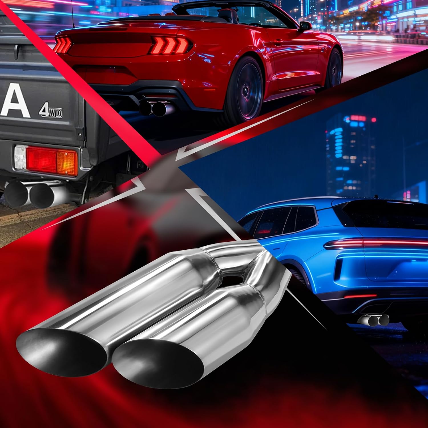 A-KARCK Dual Exhaust Tip 2.5 Inch Inlet 3" Dual Outlet 18" Overall Length Polished Stainless Weld-On Duo Layer Angle Exhaust Tailpipe Tips for Car Truck