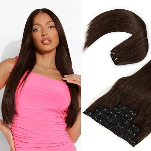 REECHO Clip in Hair Extensions, Hair Extensions Thick Long Lace Weft Lightweight Synthetic Hairpieces for Women (24 Inch-240 Gram(Pack of 5), Dark Brown)
