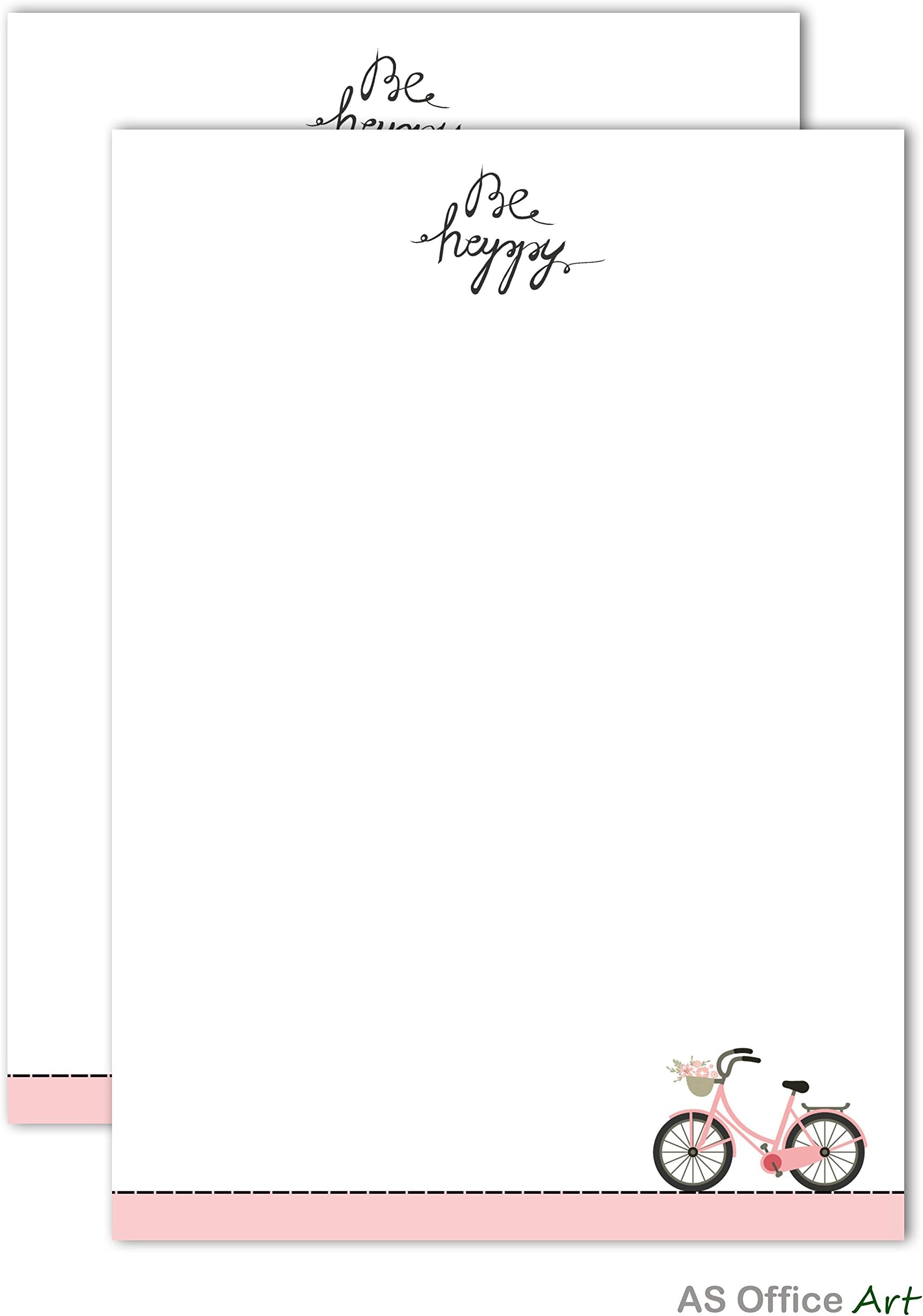 '"Be Happy Writing Pad A5 50 Sheets for Notes, Letters, Writing Paper Children, Block, Drawing Pad, Note Pad, Girls Ladies Bicycle