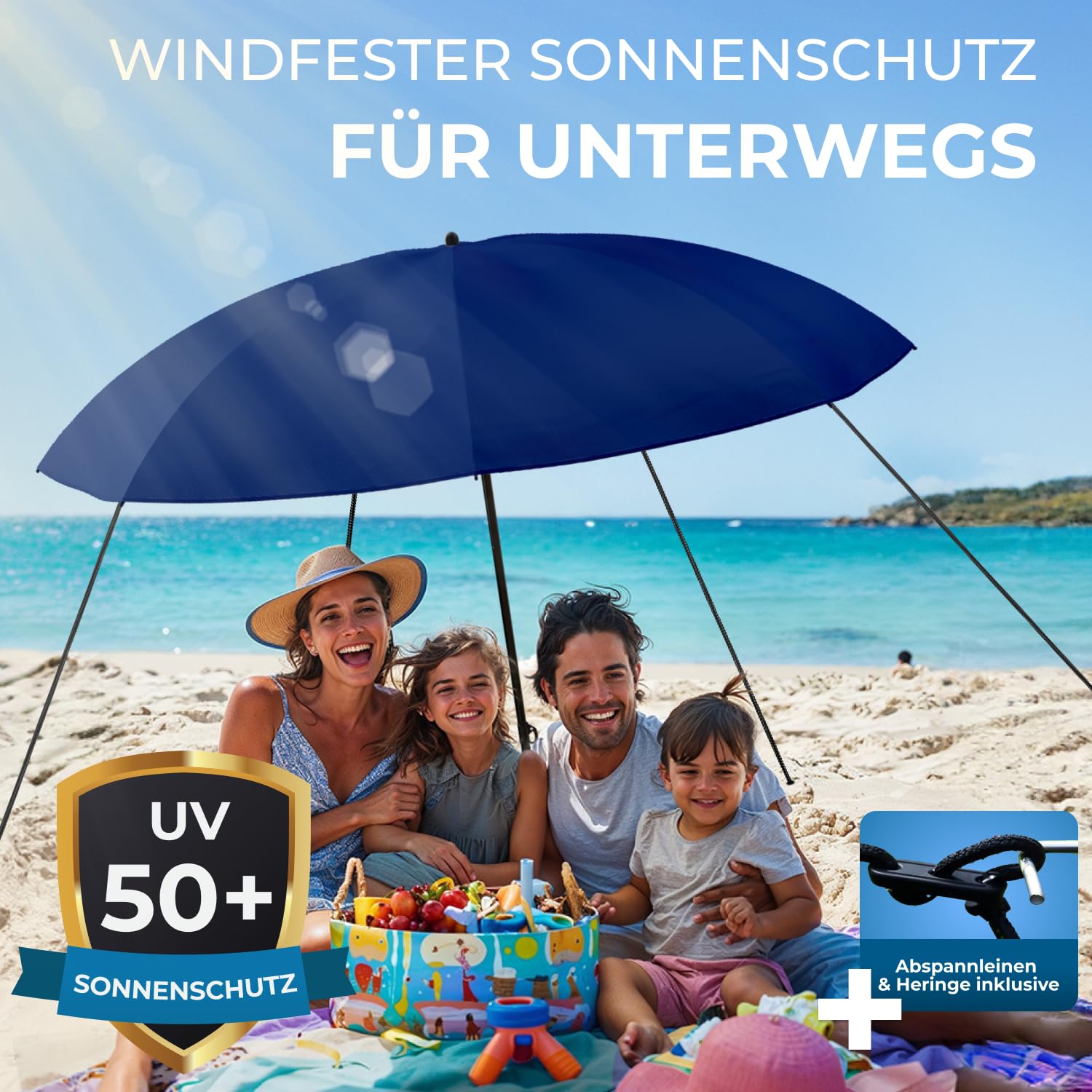 STYNGARD Niza - Sombrilla de viaje con protección UV 50+ [155 cm - Sombrilla de playa con cuerdas tensoras
