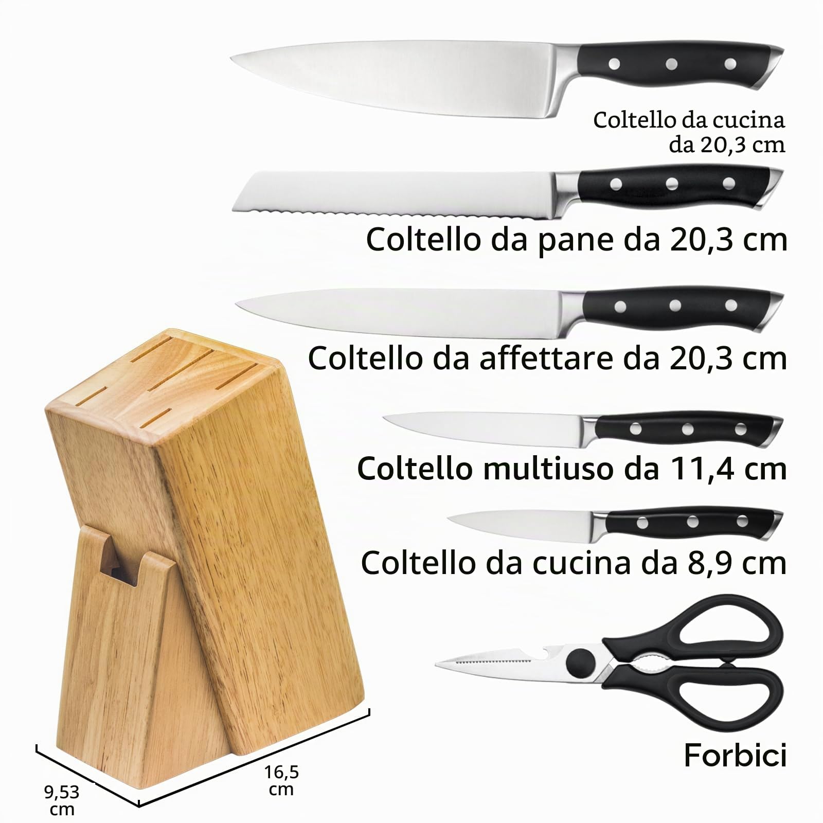 Set di 7 coltelli con Ceppo, 7 Pezzi, Chef, per Pane, Coltello a Fette, Multiuso Spelucchino, Forbici da Cucina Multifunzione e Blocco Coltelli, Manico Ergonomico