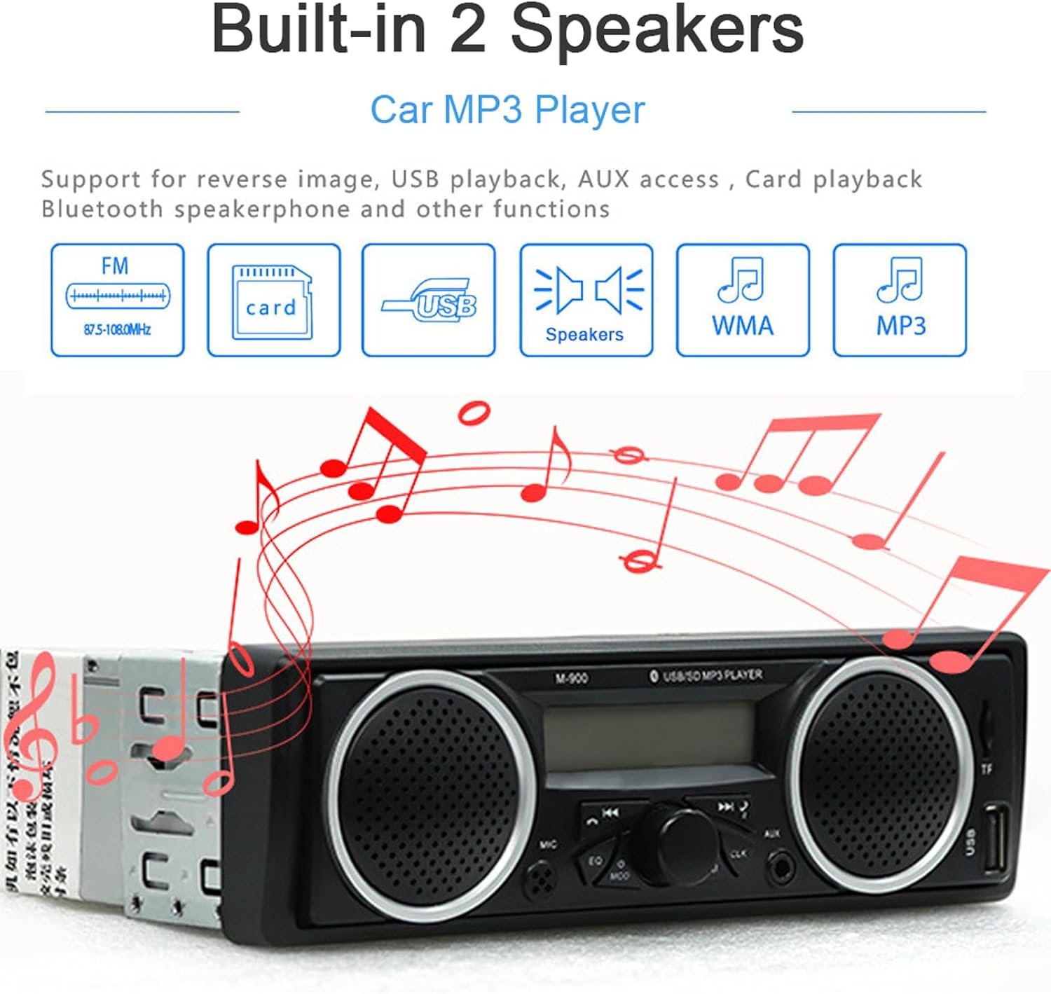 Single Din Car Stereo Bluetooth,1 Din 12V-24V Car Radio with Two Built-in Speakers, Car FM Audio Multimedia Player with USB AUX-in TF Card Port