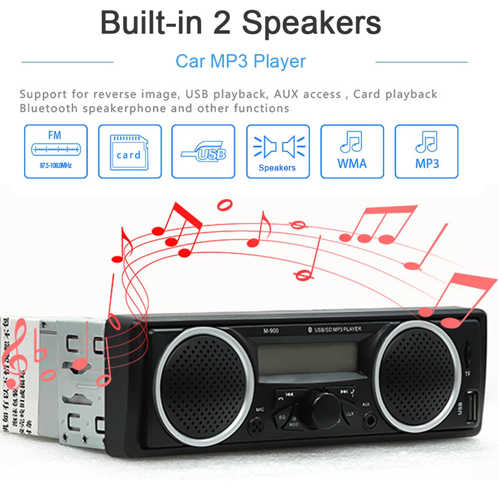 Samochodowe radio Bluetooth 1 Din 12V-24V z dwoma wbudowanymi głośnikami | Samochodowe stereo samochodowy odtwarzacz multimedialny FM z portem USB AUX-in na kartę TF Auto radio