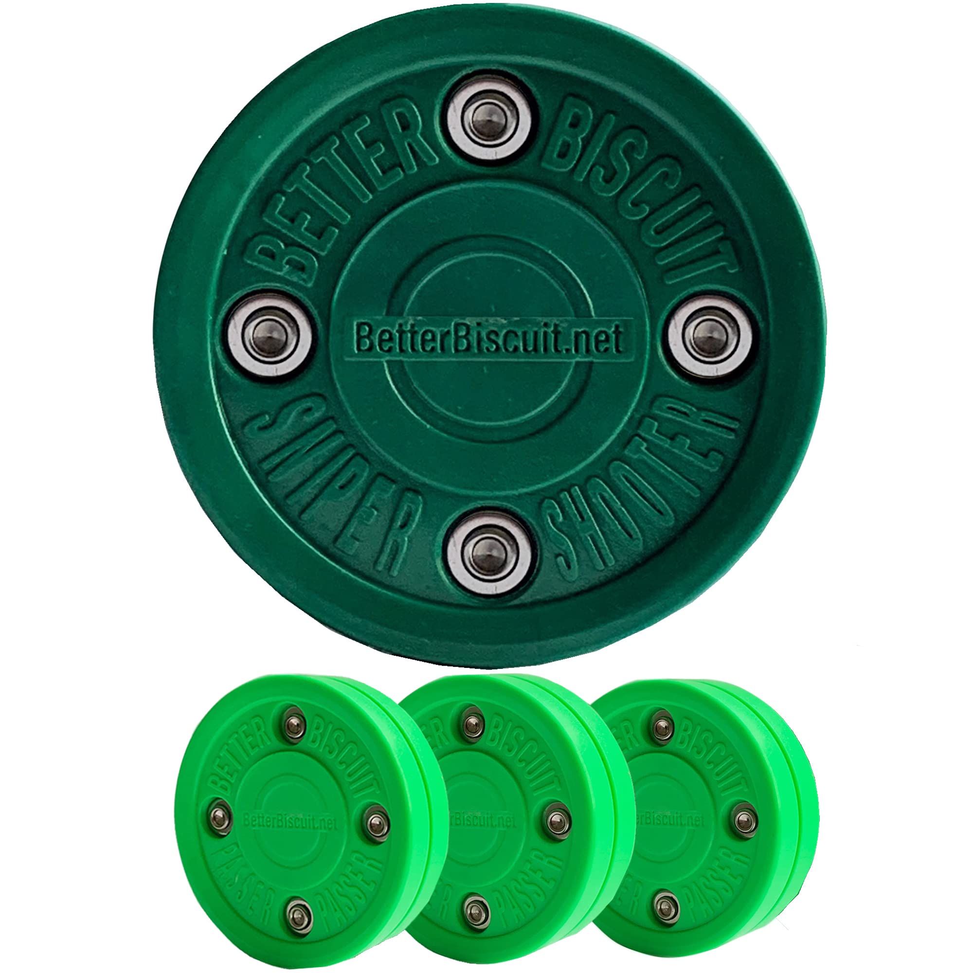 Better Biscuit Hockey Pucks 4 Pack - 3 Passer & 1 Shooter, Green/Dark Green