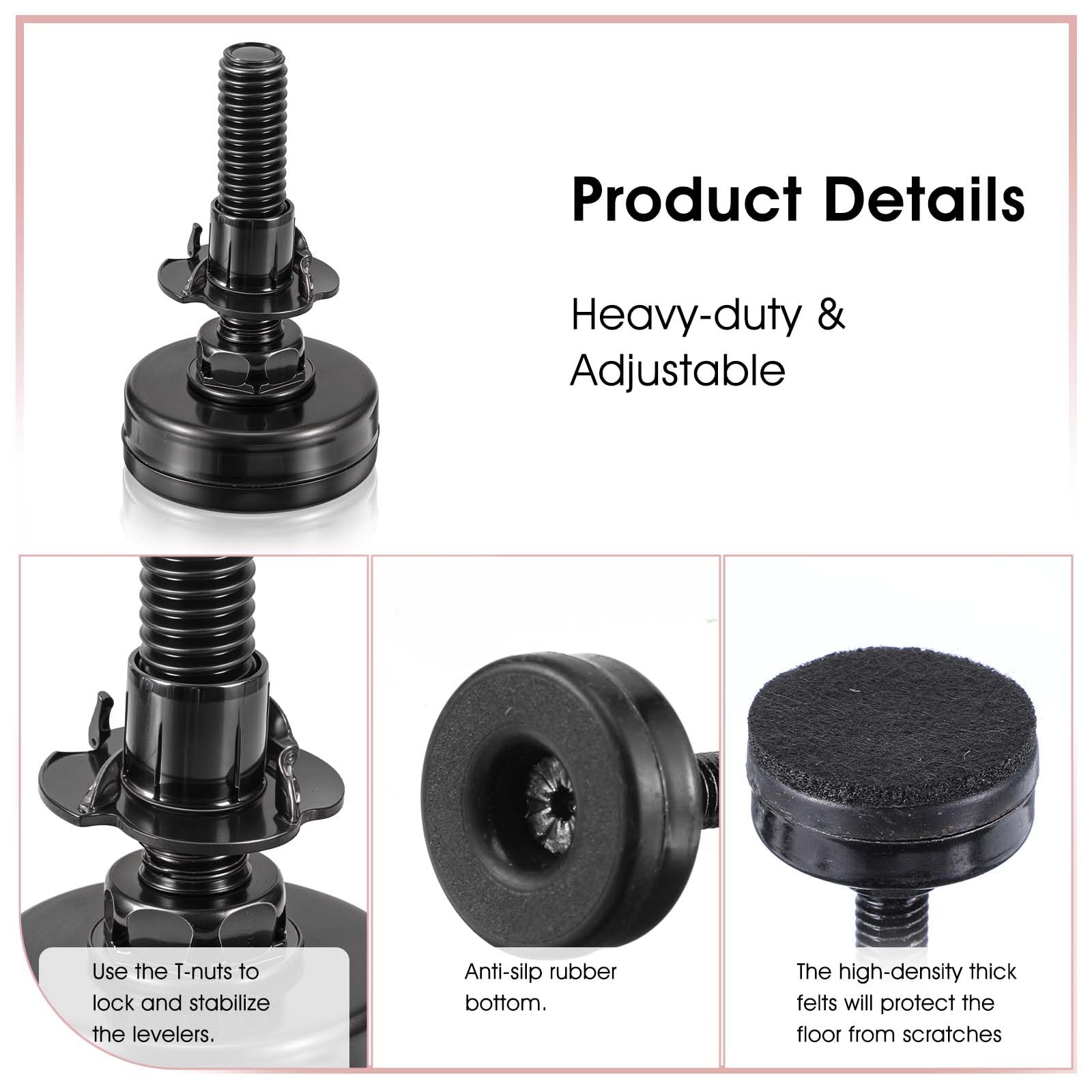 24 patas niveladoras ajustables con tuerca en T, kit de niveladores de muebles de 3/8 a 16 hilos, patas ajustables de metal, patas resistentes, ajustador de altura para mesa, silla