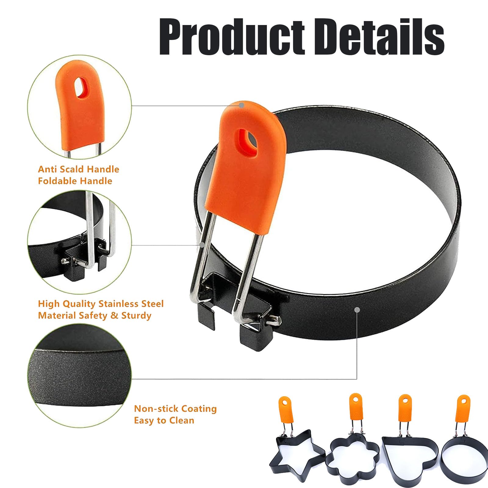 4 Moules à Œufs Au Plat Antiadhésifs – Formes Cœur, Fleur, Étoile, Ronde – Acier Inox + 2 Pinceaux - 9