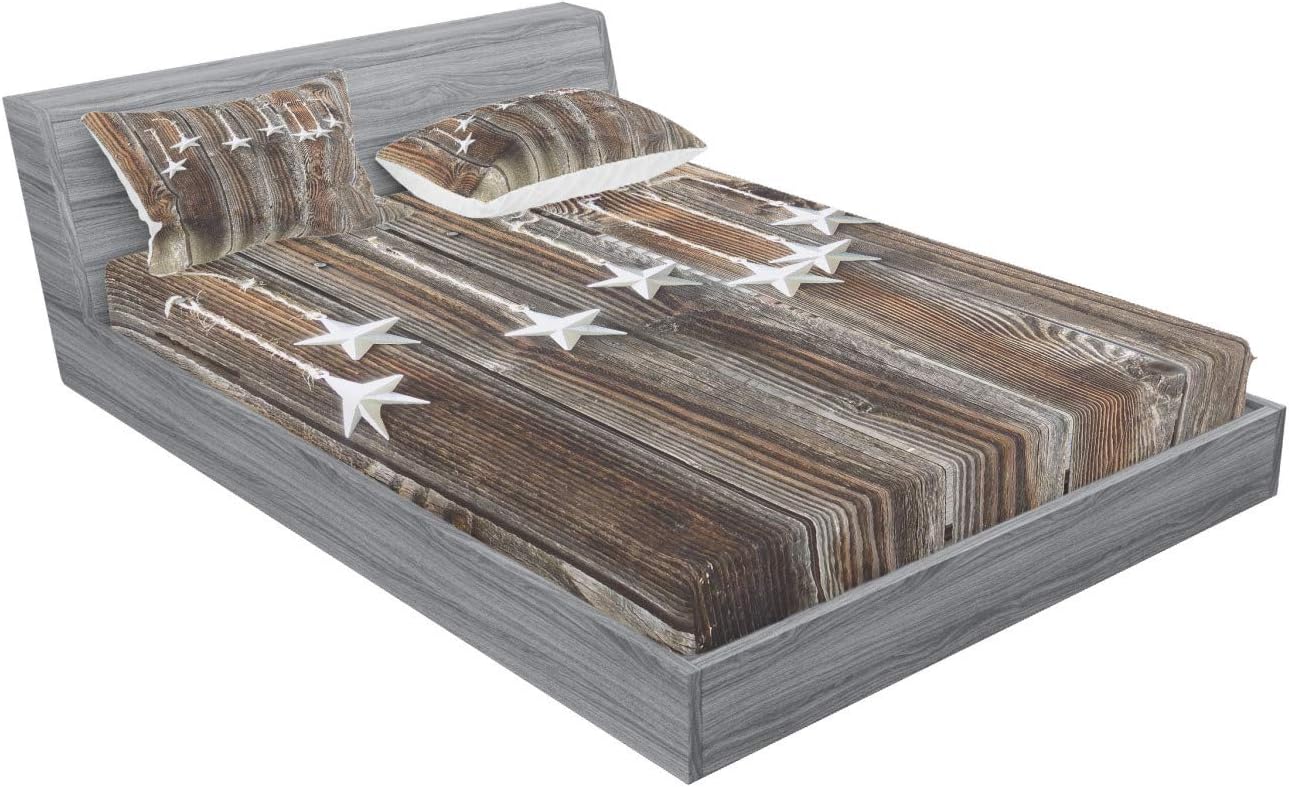 Ambesonne Prehistoric Country Fitted Sheet & Pillow Sham Set, Grey Colored Ornate Stars on Wooden Rustic Fence Cabin Design Print, Decorative Printed 3 Piece Bedding Decor Set, Queen, Grey Brown