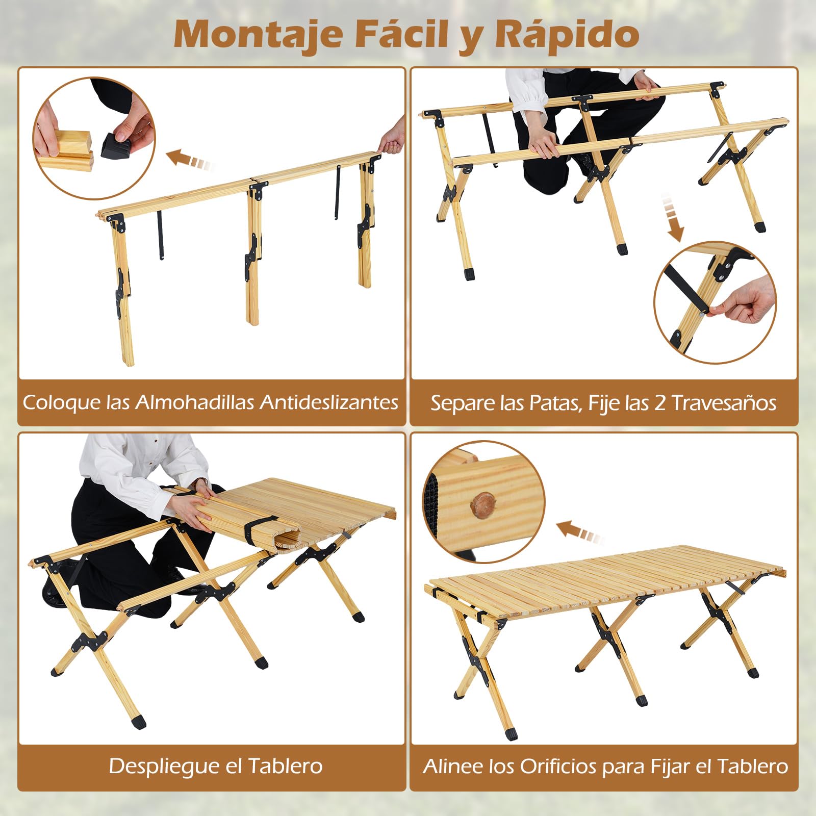 COSTWAY Mesa Plegable Camping, Mesa de Picnic Plegable con Tablero Enrollable de Madera Pino y Bolsa de Transporte para 4-6 Personas, Portátil para Playa, BBQ, Fiestas, 122 x 60 x 45 cm (Natural)
