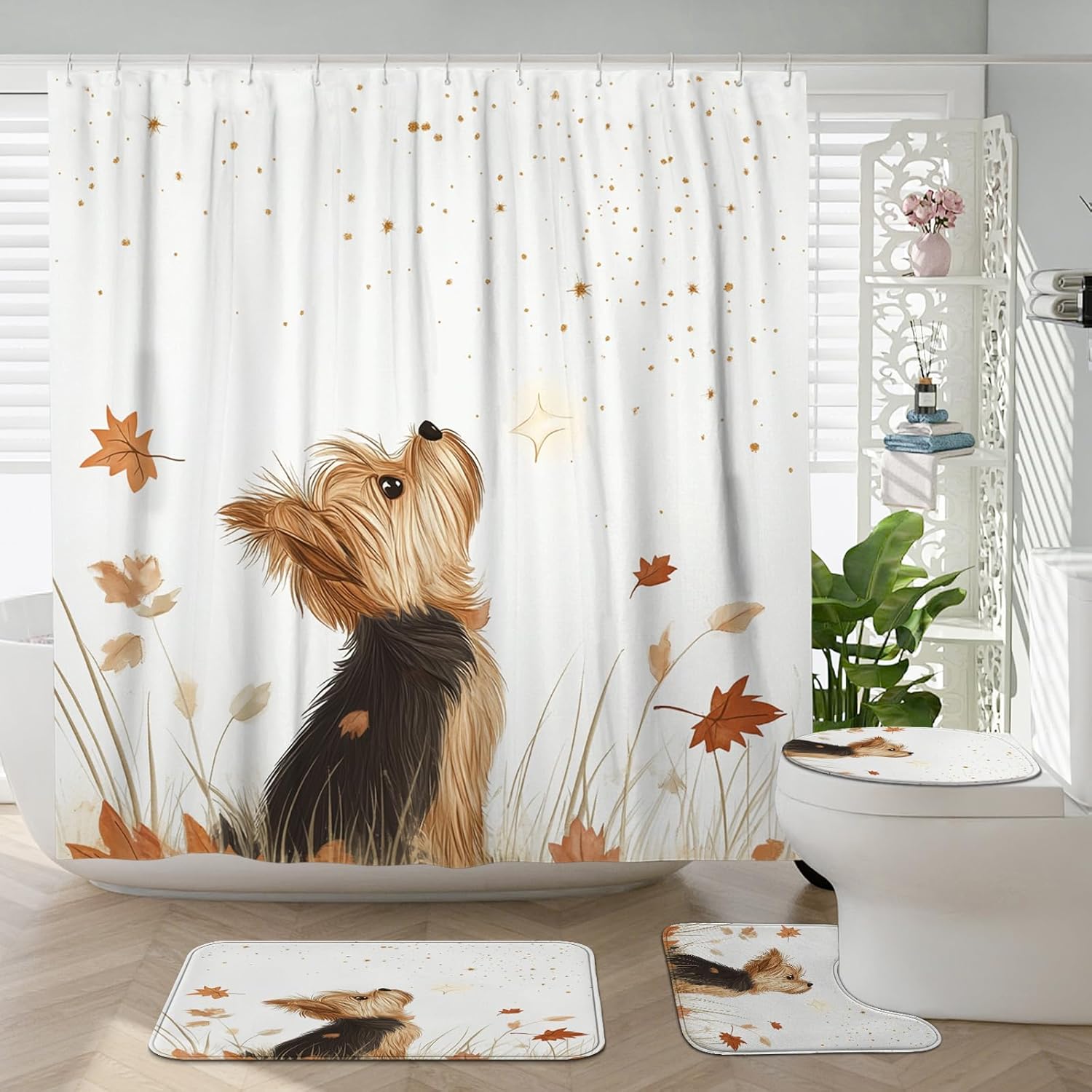 4PCS Fall Yorkies Dog Shower Curtain Sets with Non-Slip Rug, U Shape Toilet Lid Cover Mat, Autumn Watercolor Leaf Flower Bath Decor, Bathroom Accessories 72 Inch