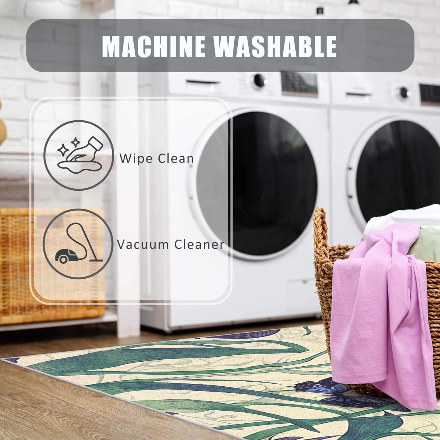 Purple Iris Throw Rug 2x3, Washable Butterfly Floral Rugs for Entryway Bedroom Kitchen, Flower Area Rug for Home Decor, Non Slip Backing Indoor Floor Mat Carpet with Gripper - 2 x 3 ft