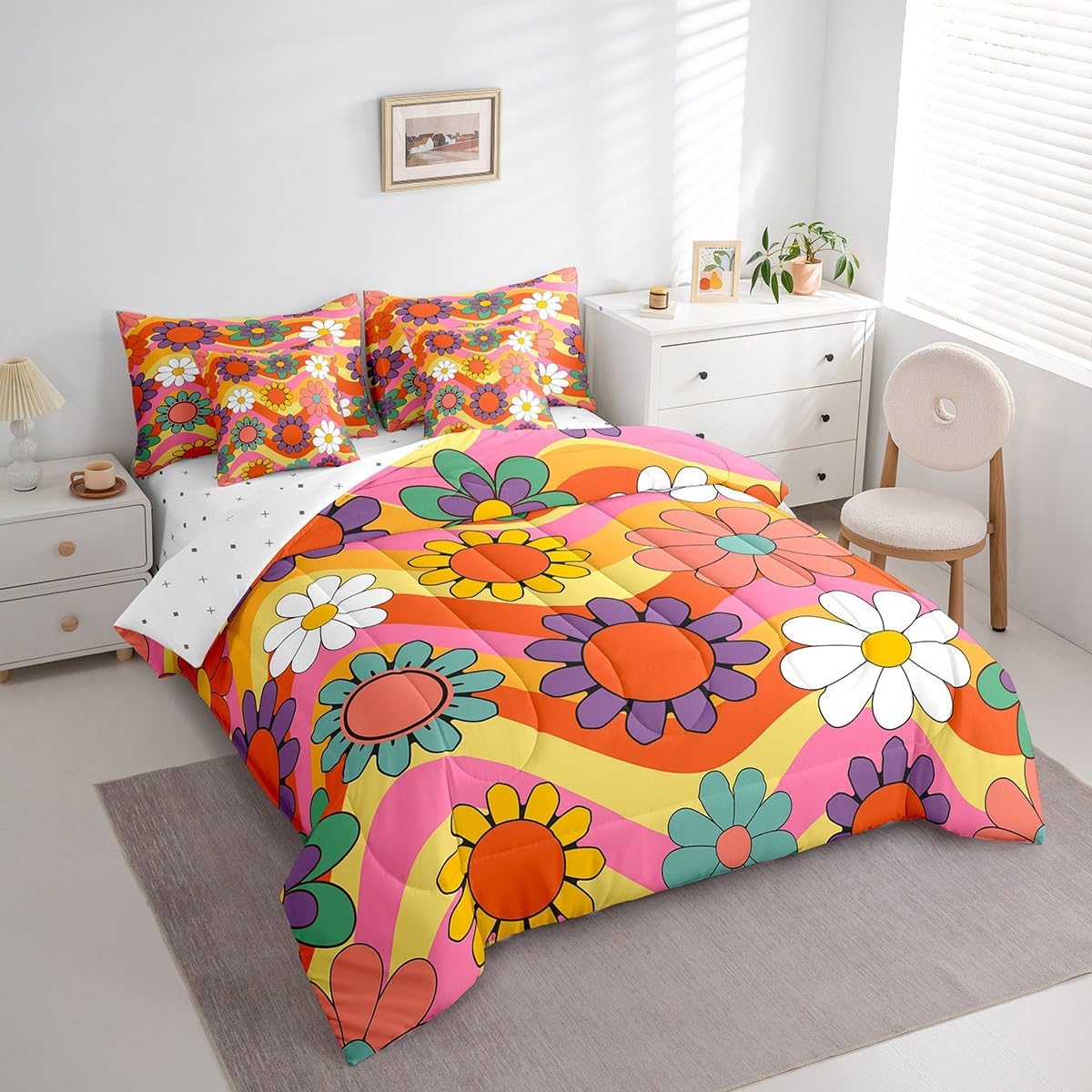 Erosebridal Girls Cute Floral Queen Comforter Set 7 Piece Groovy 60S 70S Bed in A Bag Rainbow Wave Stripe Reversible Bedding Set Daisy Floral Sheet Set Soft Lightweight for All Season
